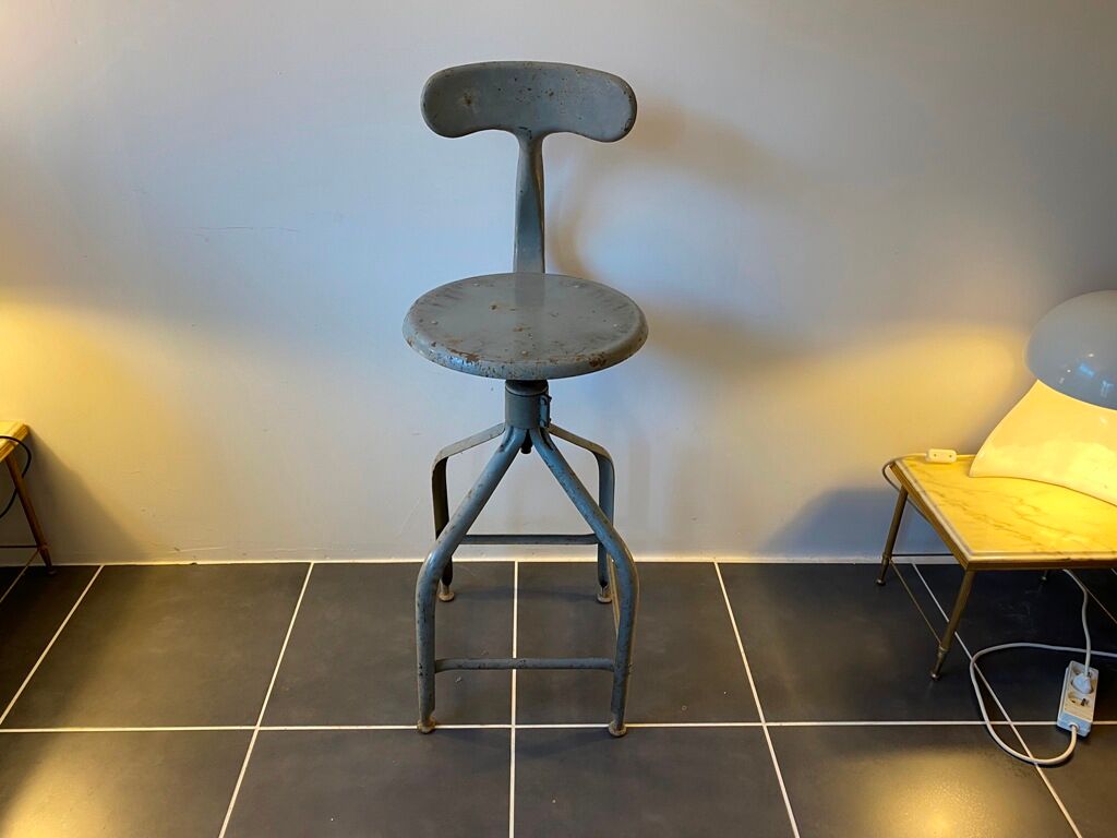 Nicolle industrial architect high chair swivel up adjustable metal gray 1950