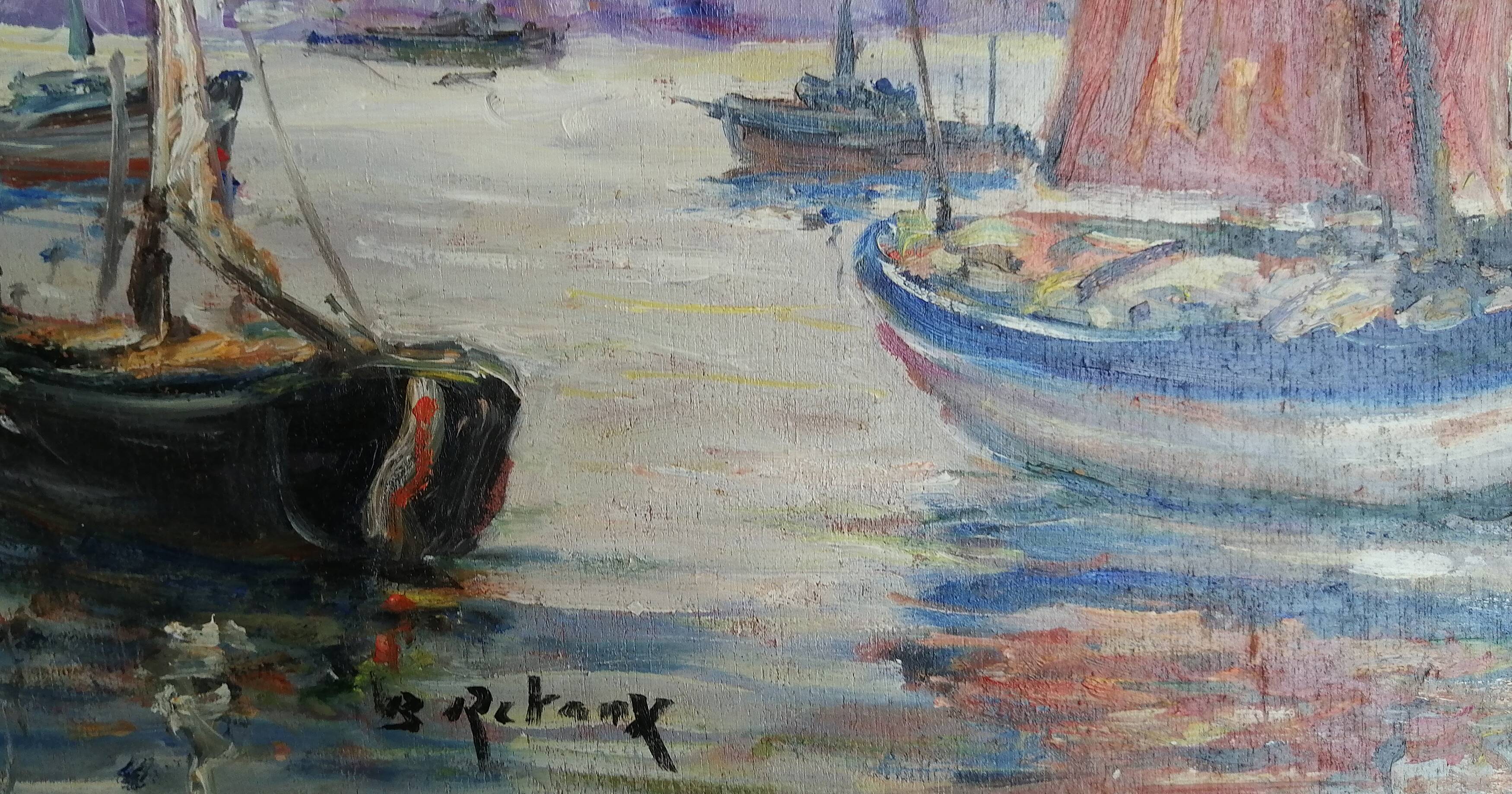 Oil on canvas "Thoniers at port in Normandy" by Bruno Retaux (1947)