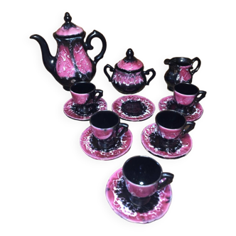 Old vallauris coffee tea service black and rosé ceramic