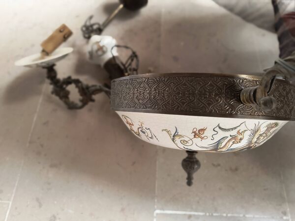 Lustre bronze, cuivre et faïence style gien