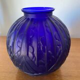 Ancien Vase Boule Art Déco Verre Moulé Bleu Tchèque Décoration Vintage