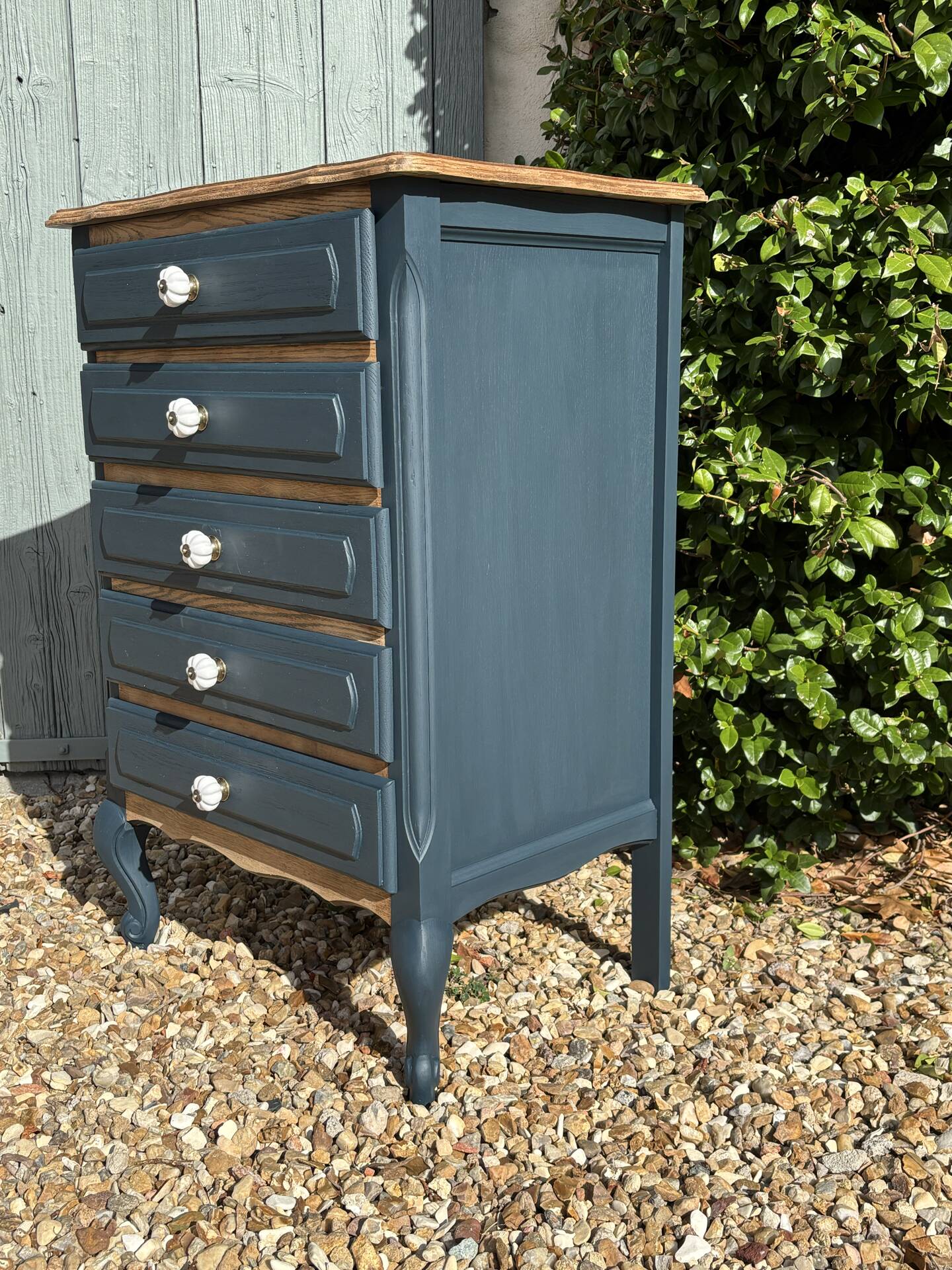Revamped 5-drawer chest - Prussian Blue & Wood / Louis XV Style