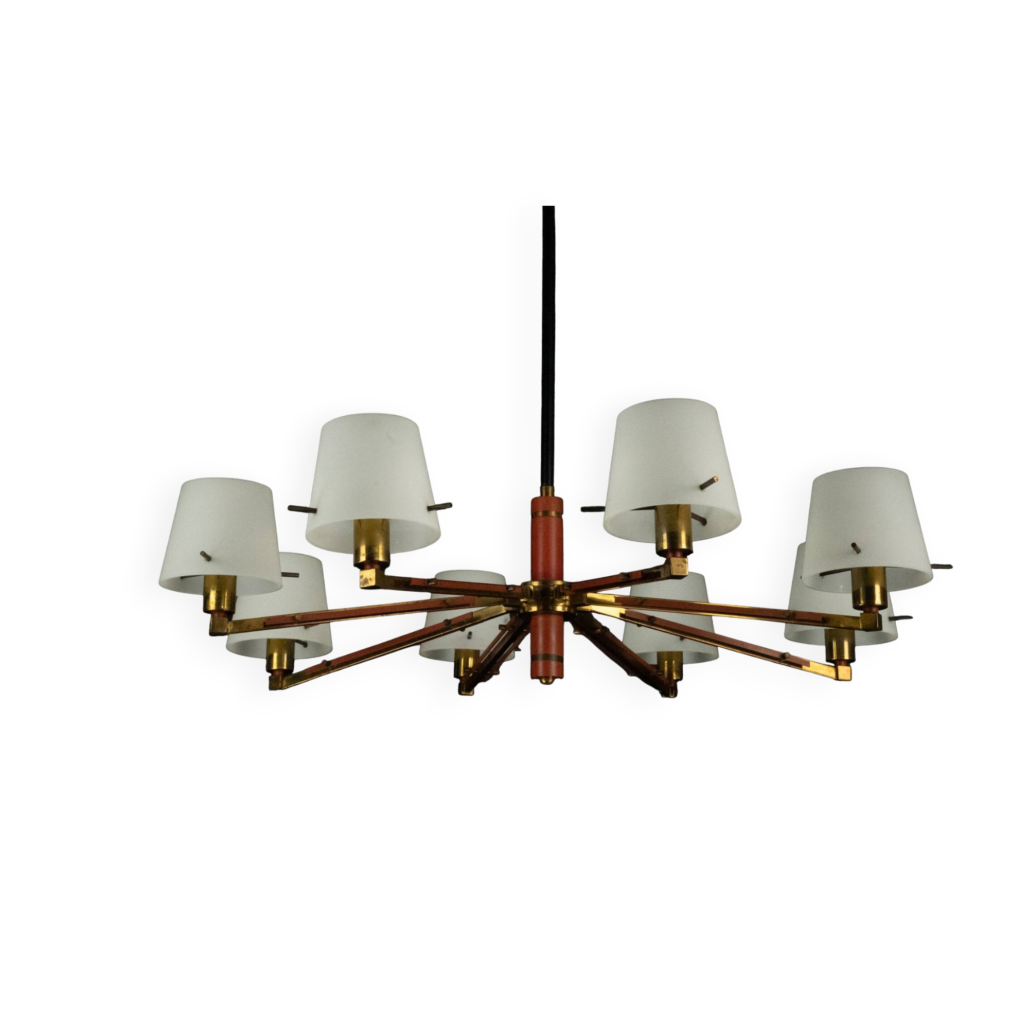 Mid-Century 8 arms Stilnovo chandelier in opaline, brass and red lacquer.