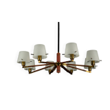 Mid-Century 8 arms Stilnovo chandelier in opaline, brass and red lacquer.
