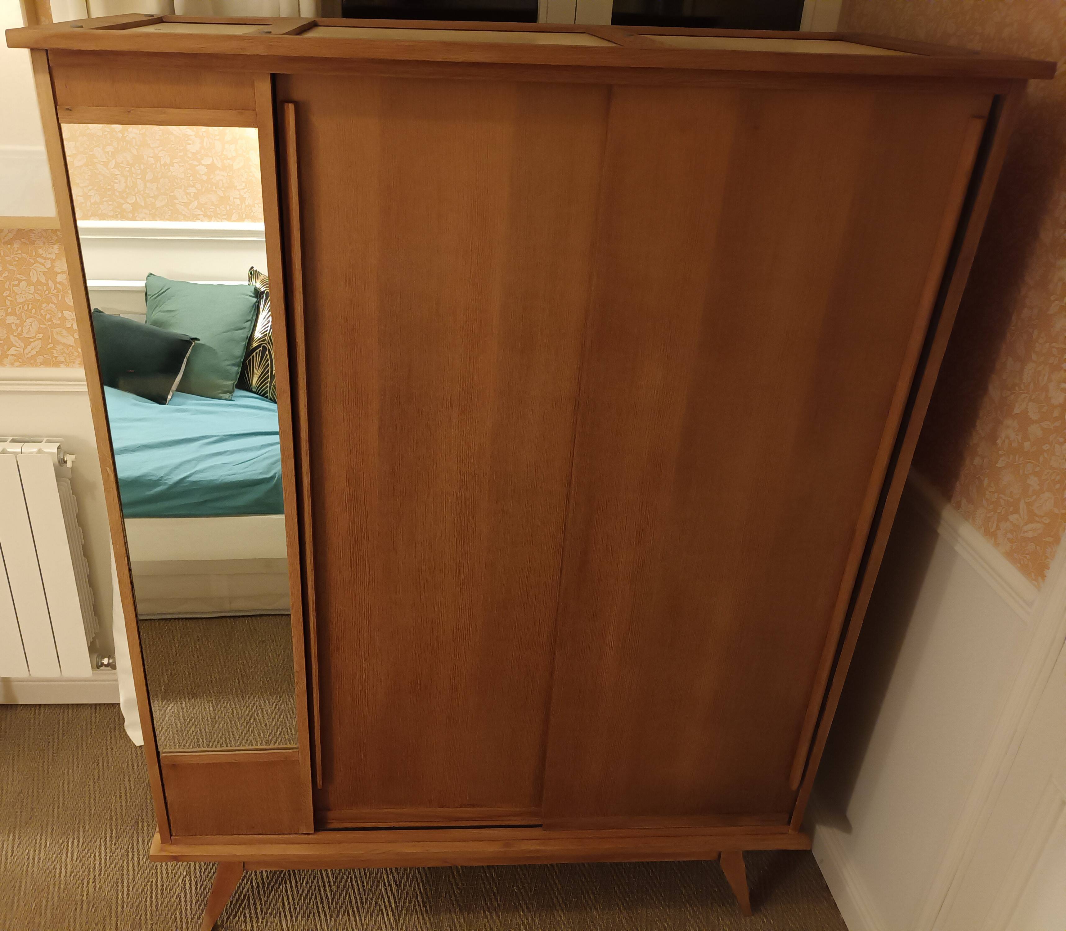 Vintage oak wardrobe with mirror with two sliding doors, France 1960s