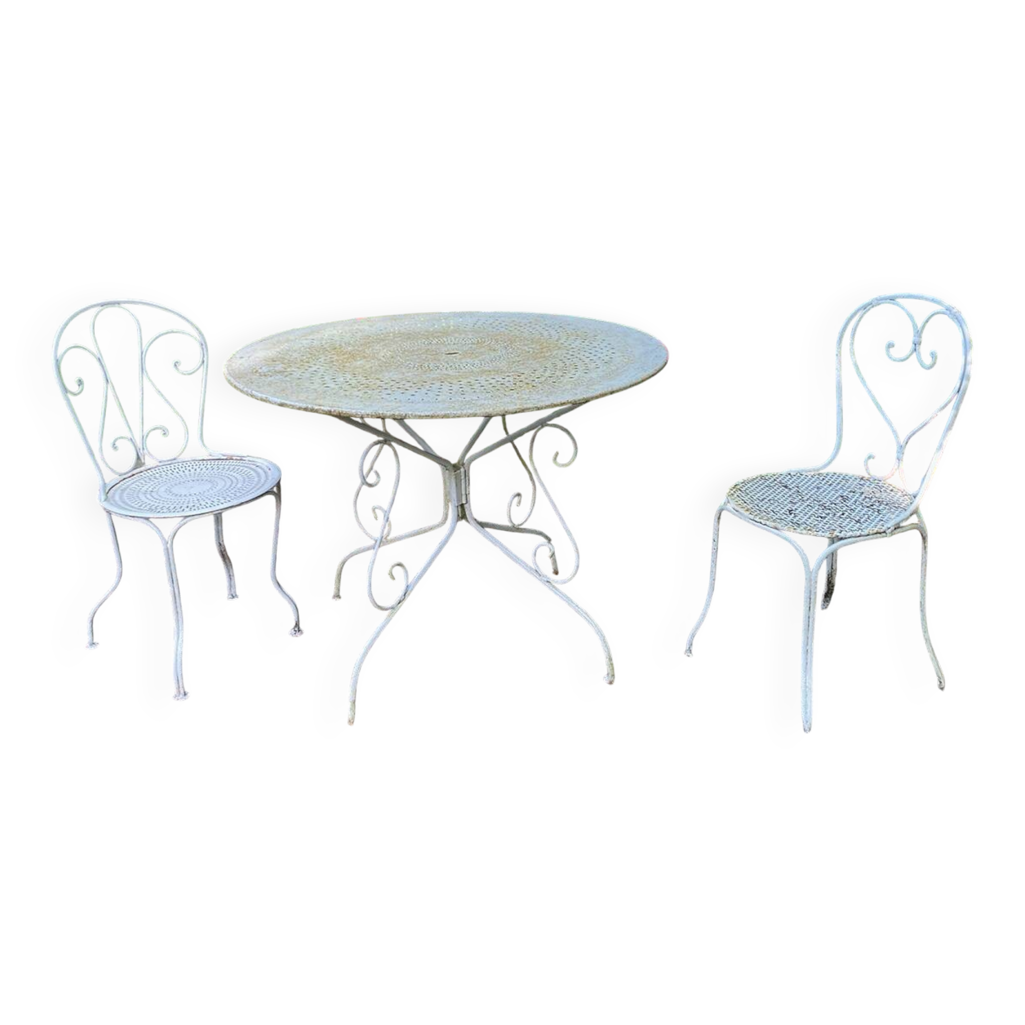 Part of a white lacquered wrought iron garden furniture set