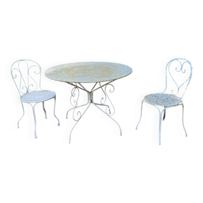 Partie de salon de jardin en fer forgé laqué blanc