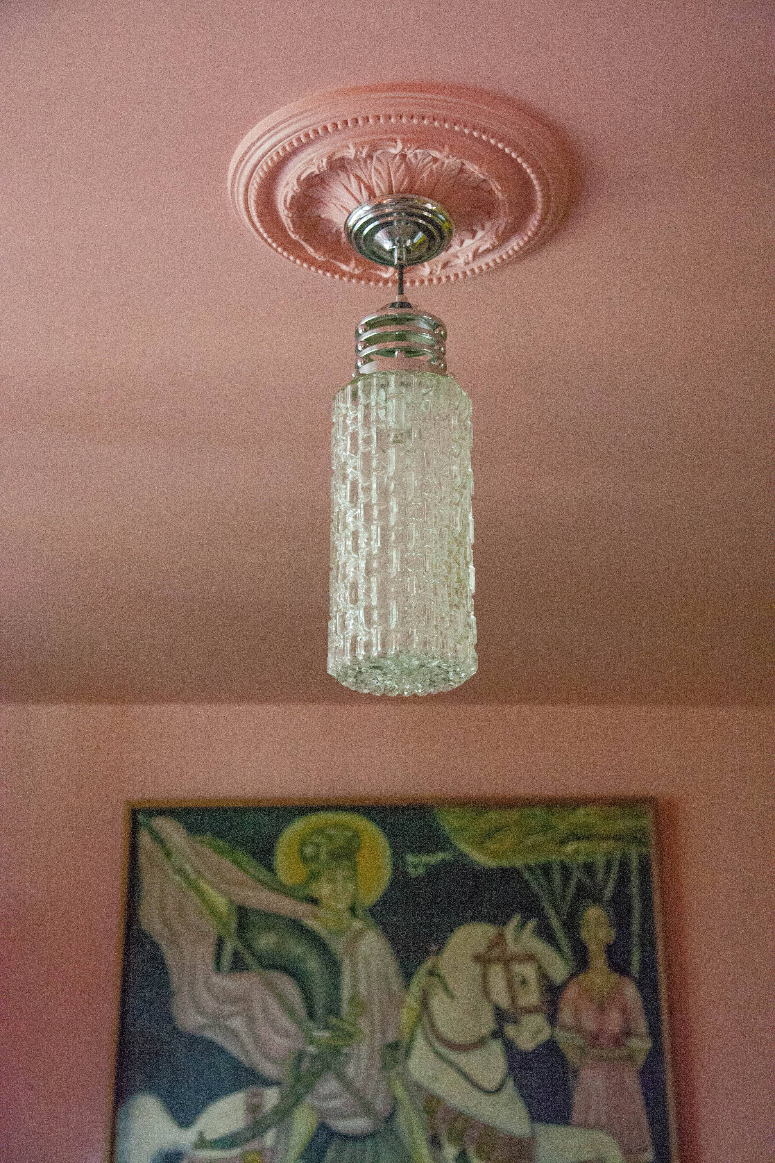 Vintage pendant lamp, Cylindrical glass suspension and chromed metal, ceiling lamp