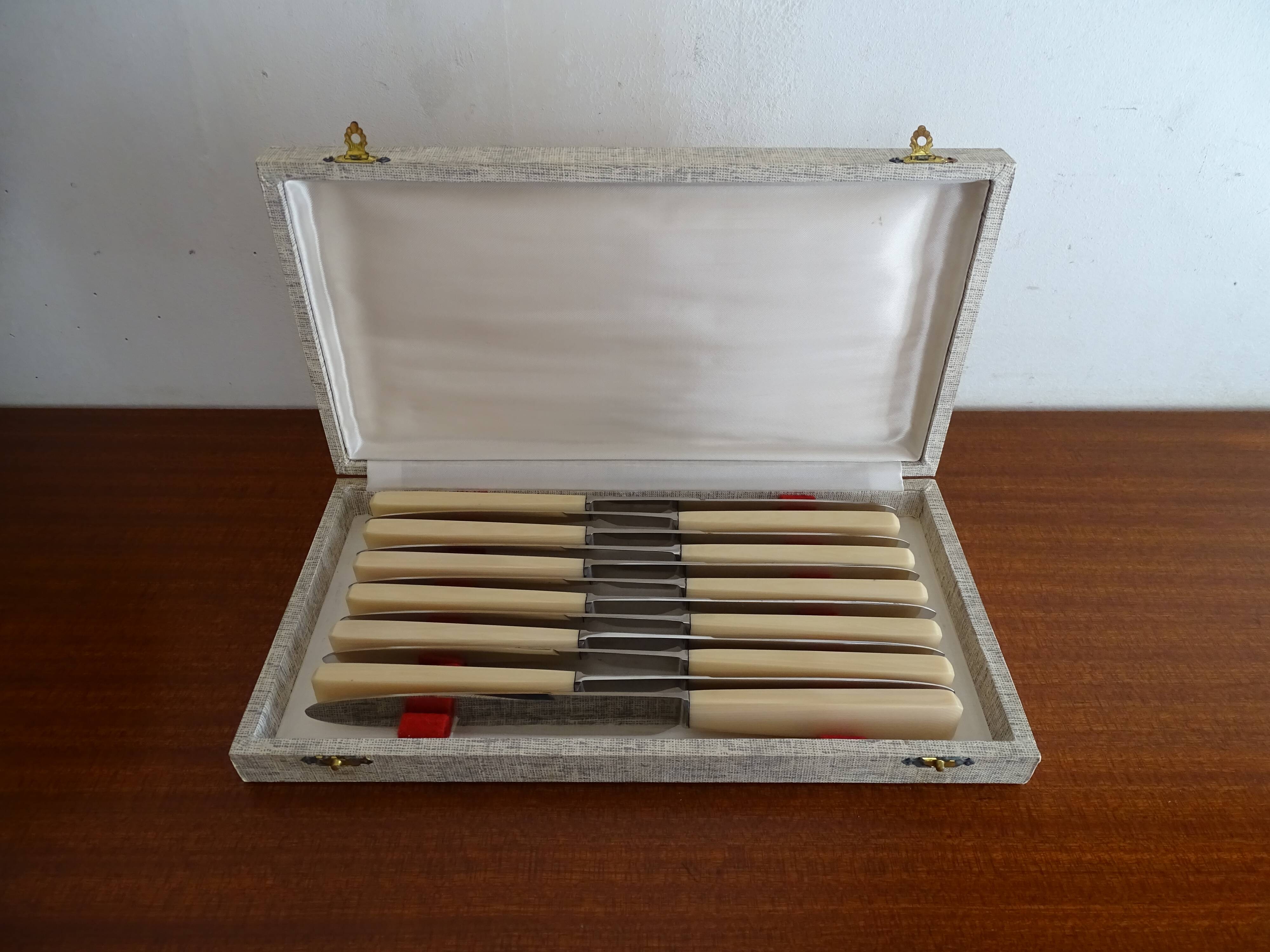 12 vintage stainless steel knives bone or bakelite sleeves in case