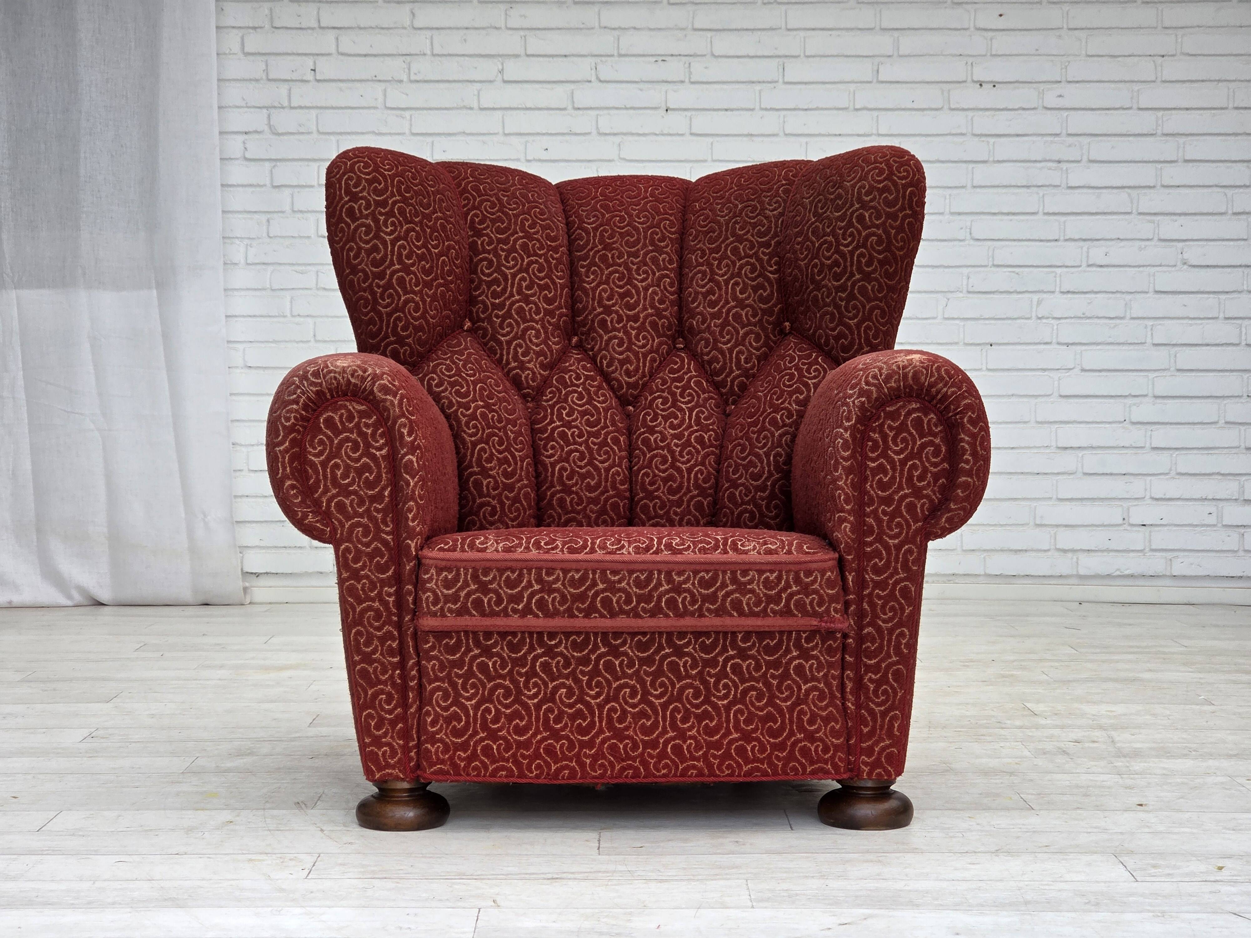 1960s, Danish relax armchair, original red furniture wool, oak wood legs.