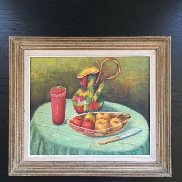 Tableau nature morte pichet et fruits