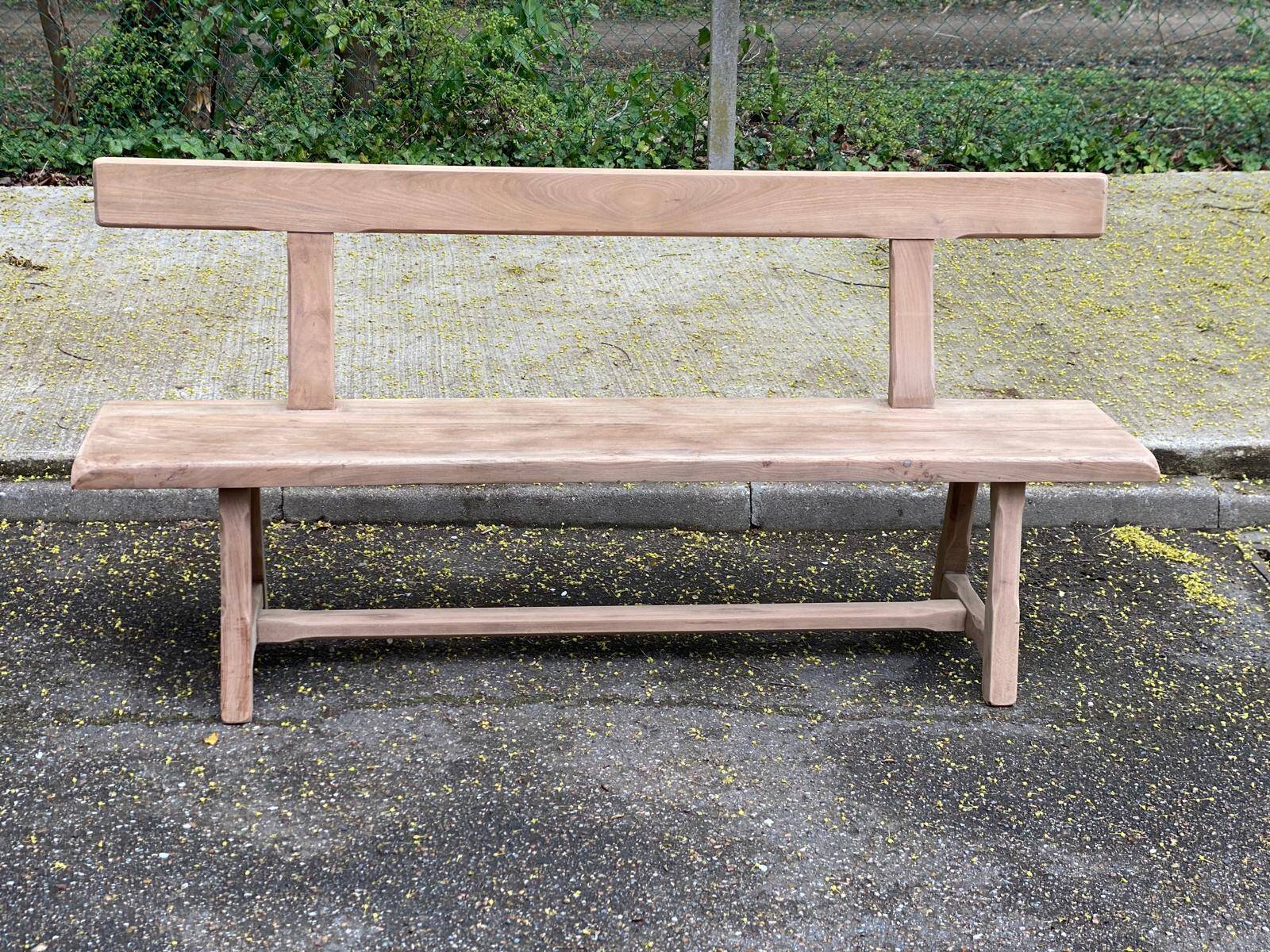 Renovated vintage farmhouse bench with a backrest in solid oak from the 20th century, 180cm.
