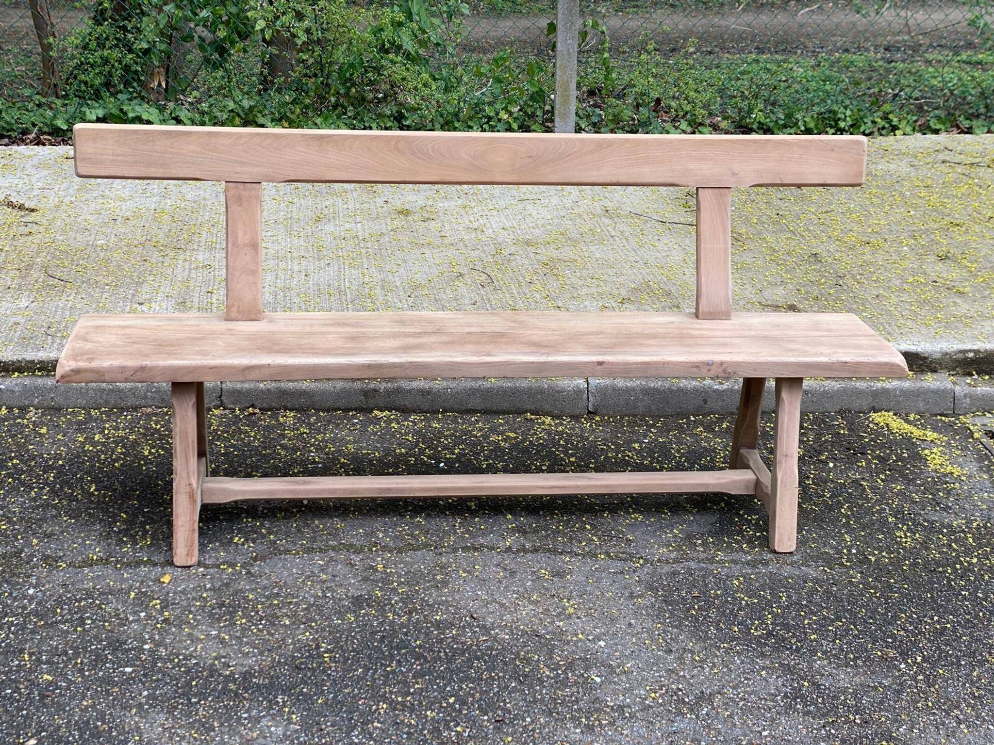 Renovated vintage farmhouse bench with a solid oak back from the 20th century, 180cm.