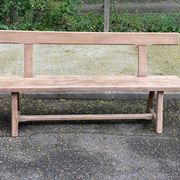 Renovated vintage farmhouse bench with a solid oak back from the 20th century, 180cm.