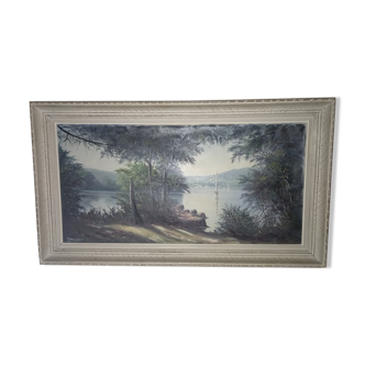 Tableau peinture huile "bord de seine"