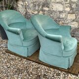 Paire de fauteuils crapaud velours vert d’eau 1970