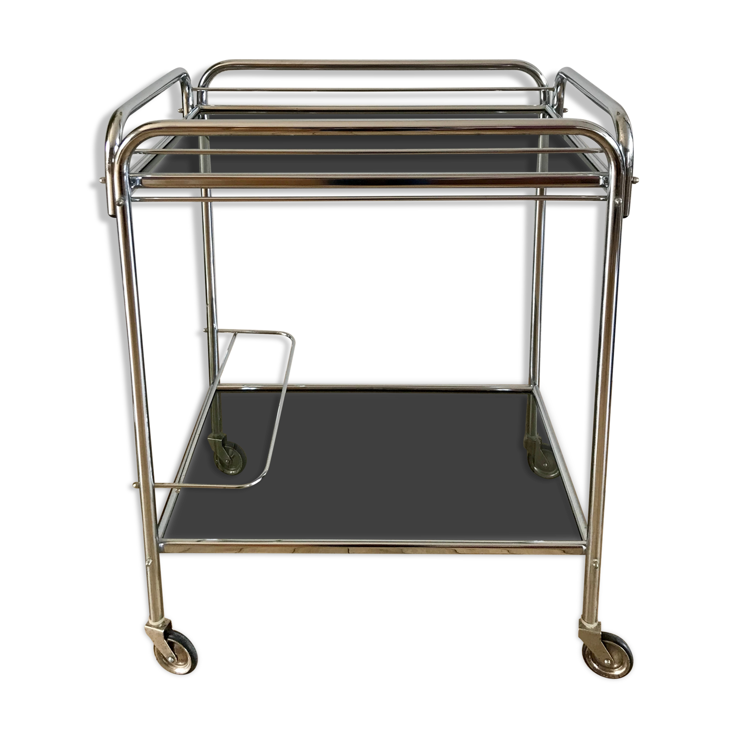 Serving in chrome steel and smoked glass 70s