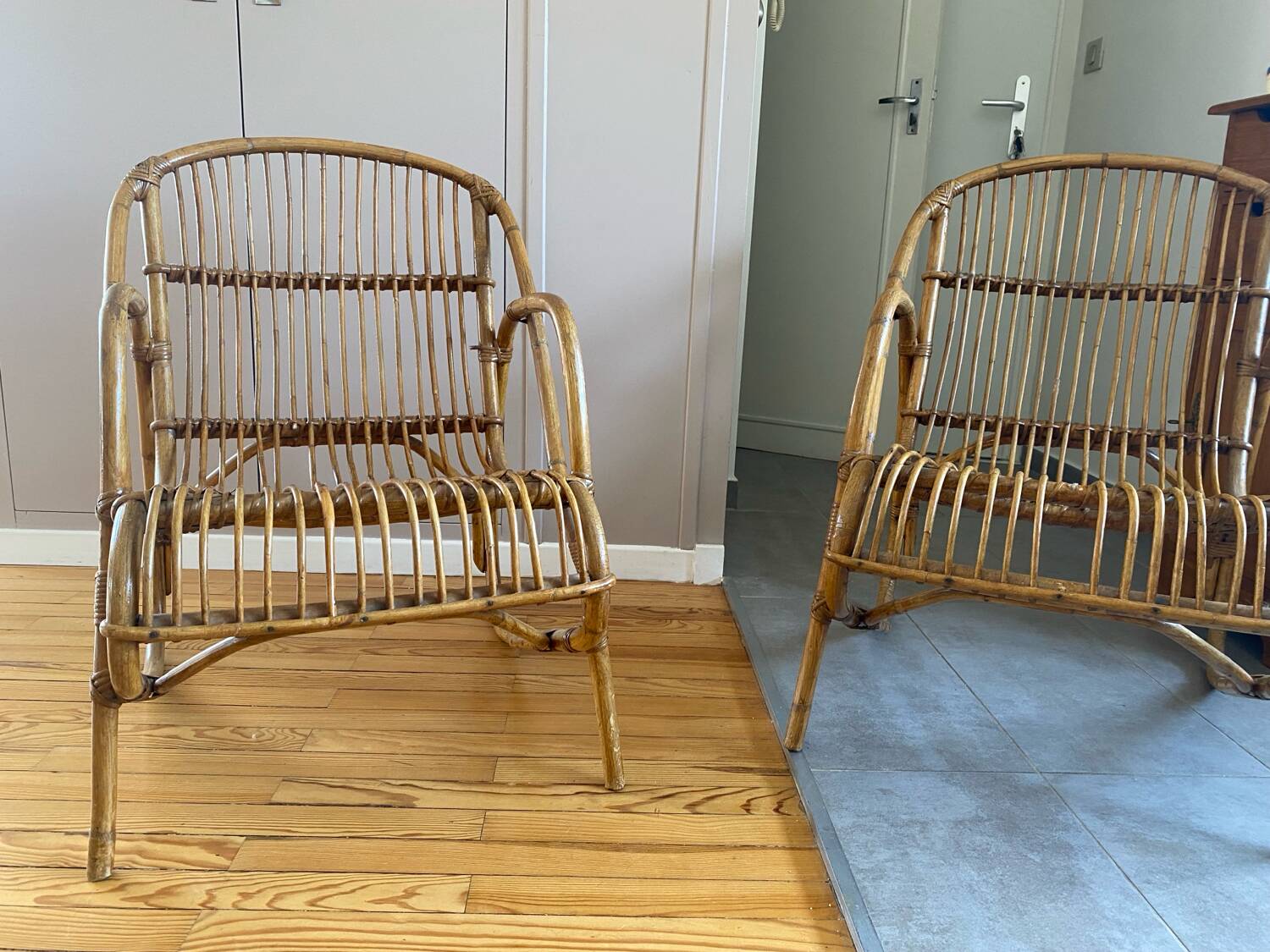 Rare pair of vintage rattan and wicker armchairs from the 1950s