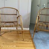 Rare pair of vintage rattan and wicker armchairs from the 1950s