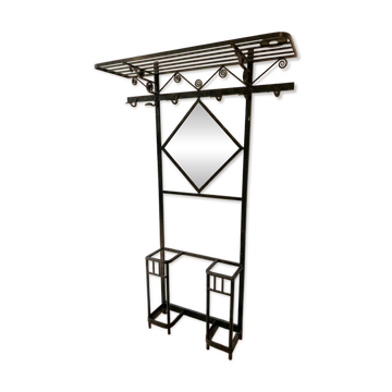 Porte-manteau vestiaire ancien en fer forgé noir avec miroir
