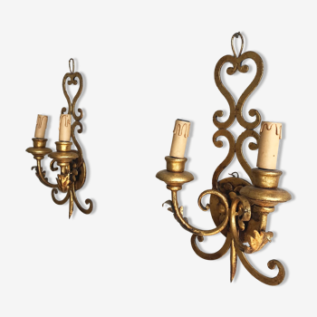 Pair of wall lamps in gilded metal - Italian work of the 1970s