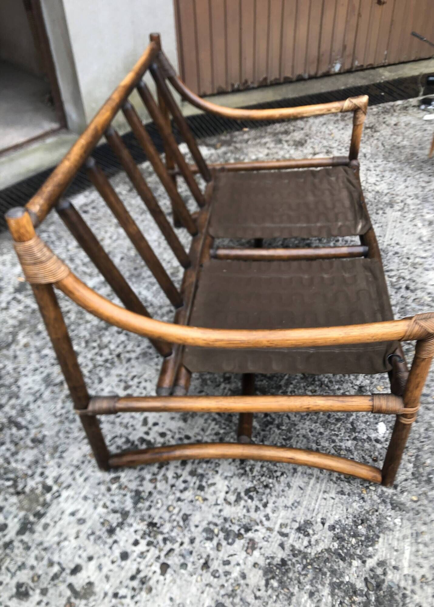 2-seater rattan sofa with vintage velvet cushions from the 70s