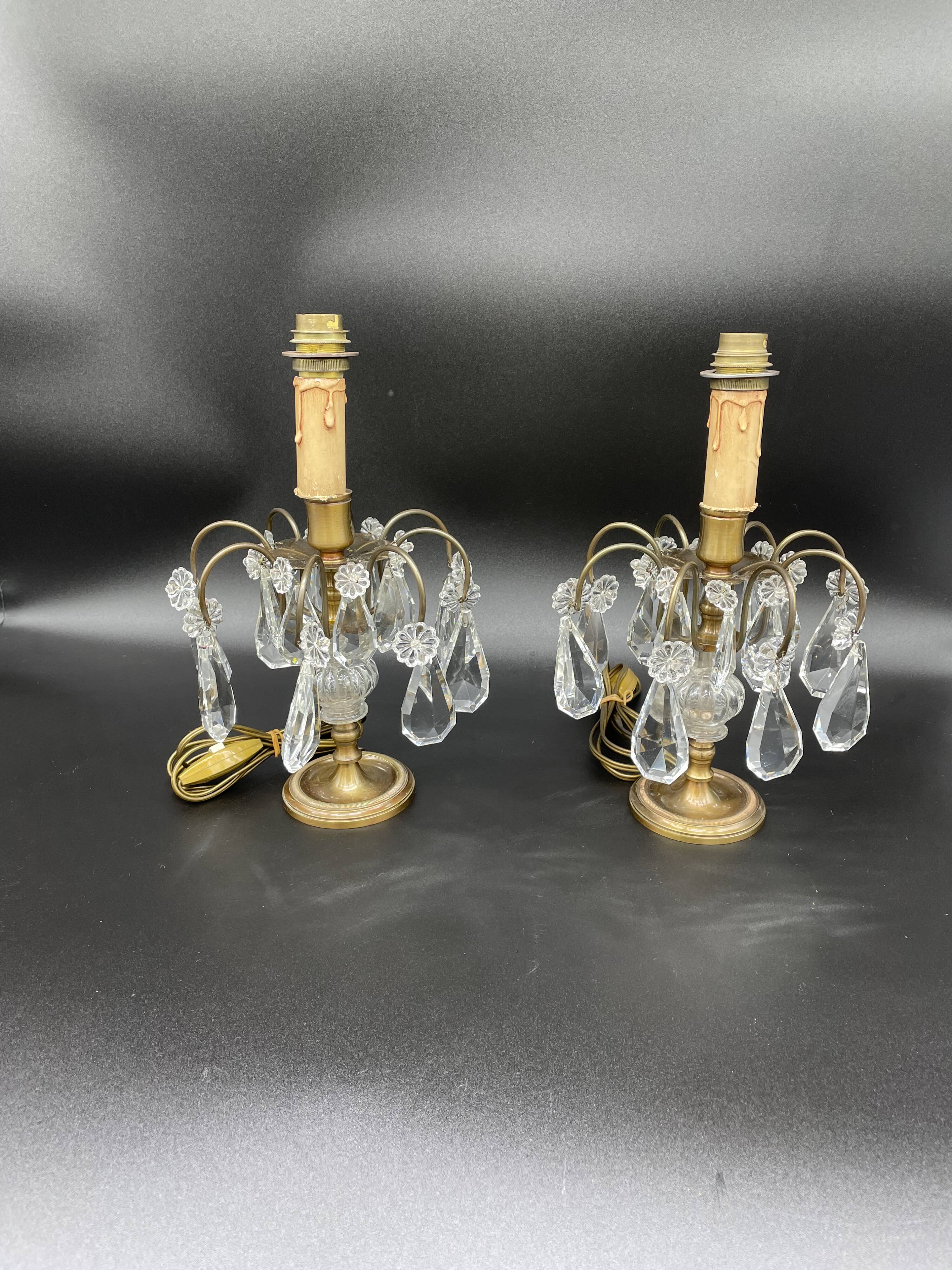 Antique, pair girandoles, candle holders, gilded brass, tassels, glass, drops, florets, 1 burner