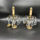 Antique, pair girandoles, candle holders, gilded brass, tassels, glass, drops, florets, 1 burner