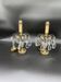 Antique, pair girandoles, candle holders, gilded brass, tassels, glass, drops, florets, 1 burner