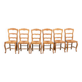 6 chaises Louis XV en bois massif chêne blond et paille sculptures coquille