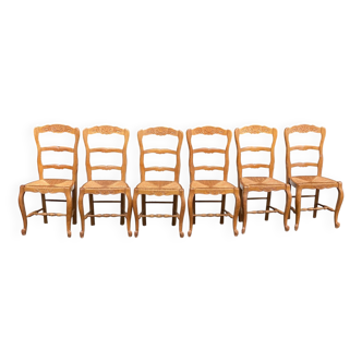 6 chaises Louis XV en bois massif chêne blond et paille sculptures coquille