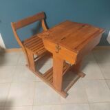 School desk circa 1950, bench, desk.