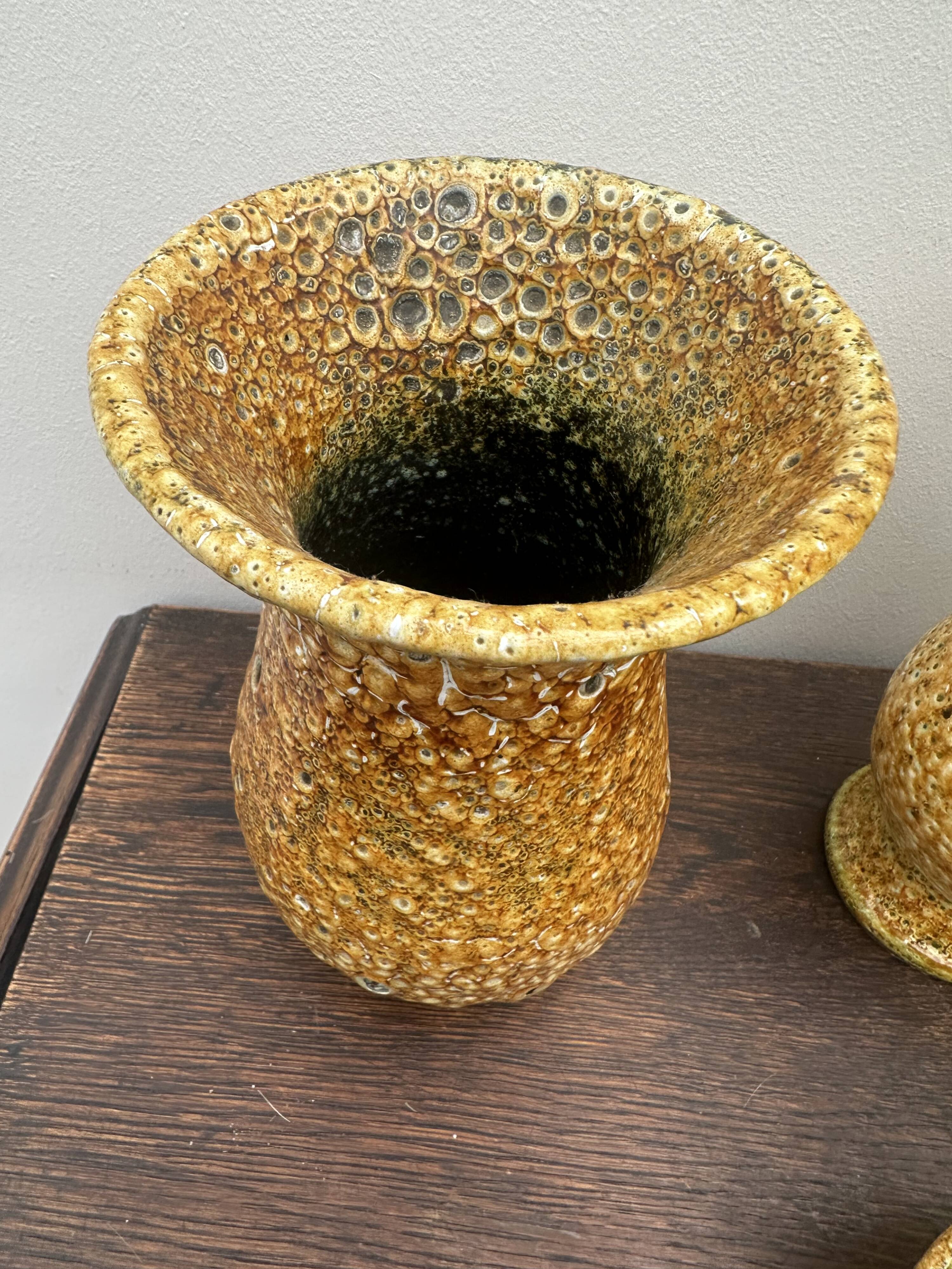 Set of 3 vases and 1 trinket tray, Honey / Fat Lava Vallauris, 1970s