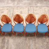 Bohemian bamboo mcguire dining table set with 6 palm leaf chairs, 1960 france.