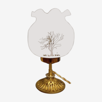 Brass foot table lamp, transparent white round globe screen-printed trees, art deco style