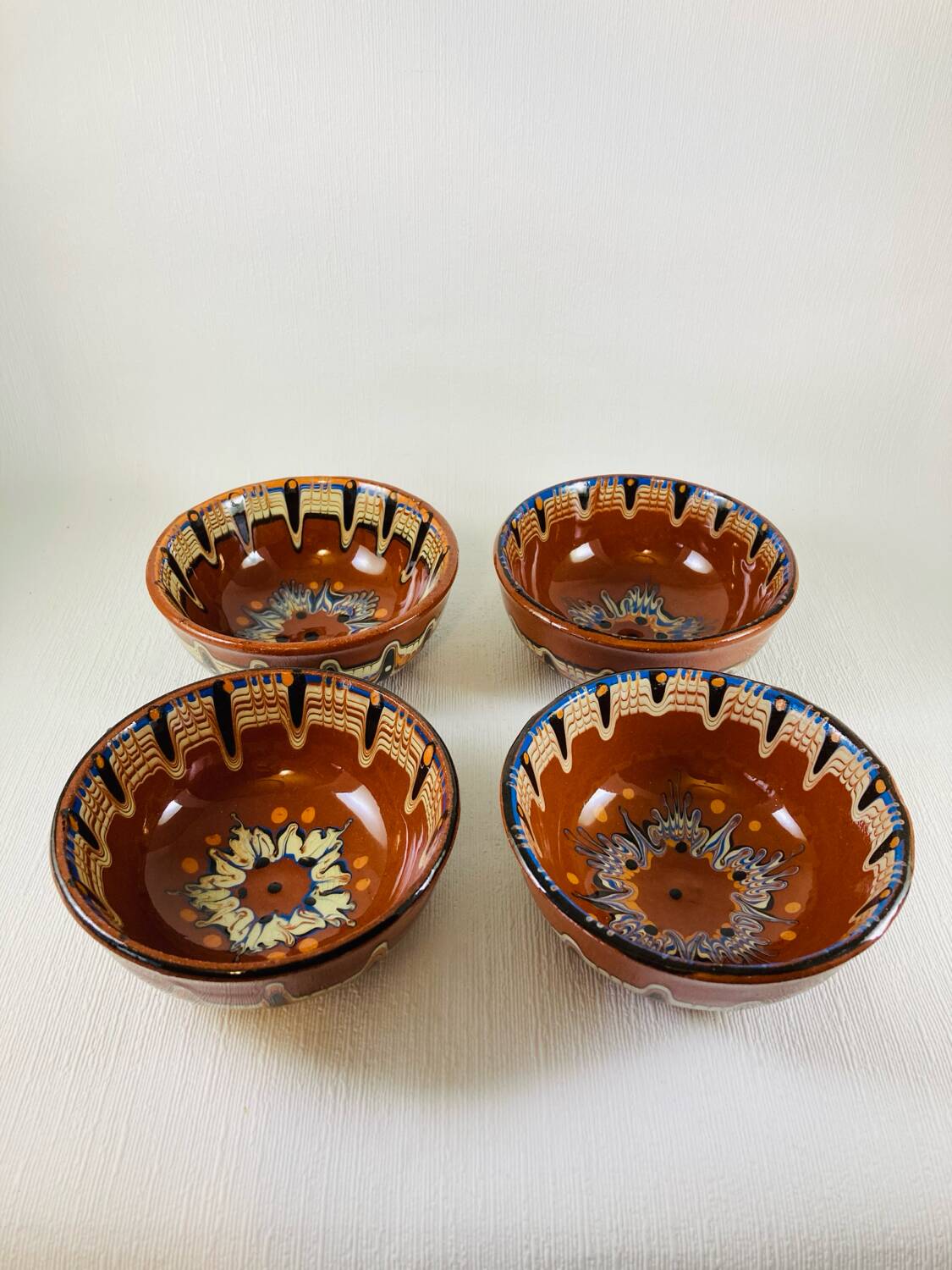 4 bowls + 2 saucers glazed terracotta Bulgarian Monastery of Troyan