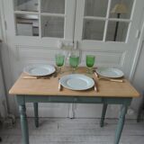 Table, desk Smoked green base, wooden top.