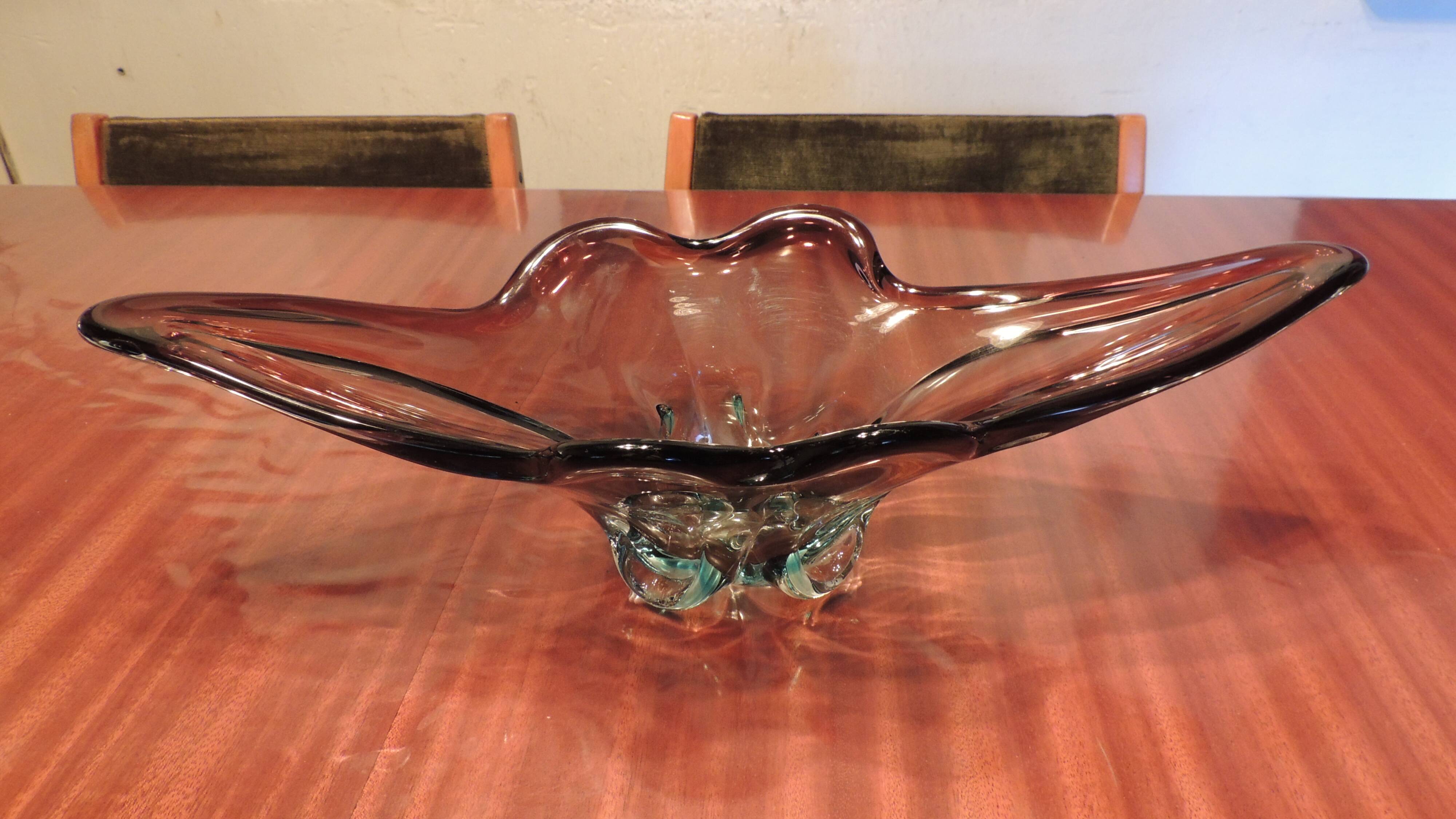 Murano style blown glass fruit bowl in purple with blue highlights - this