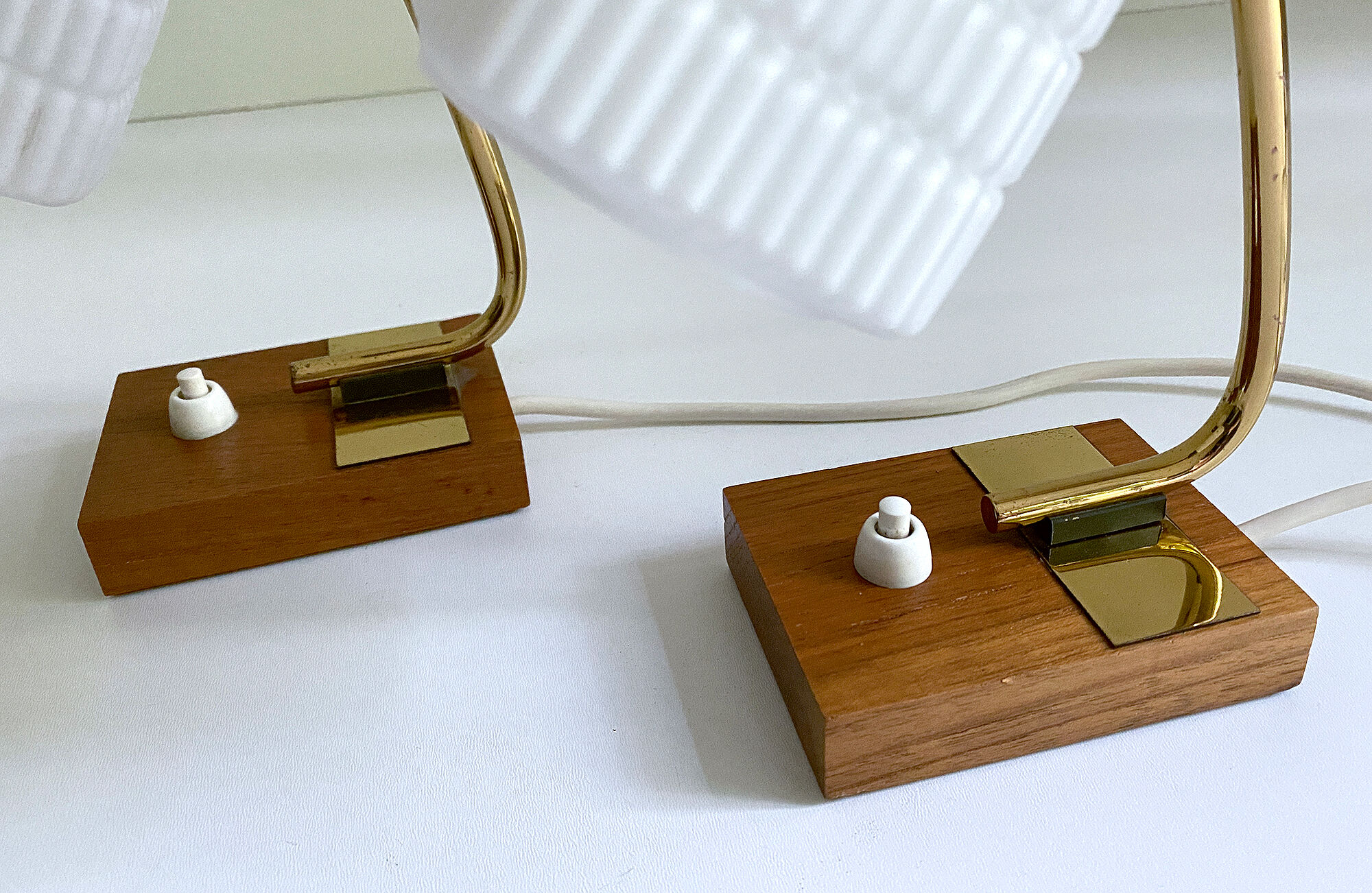 Pair of vintage Scandinavian lamps, teak and glass, 60s