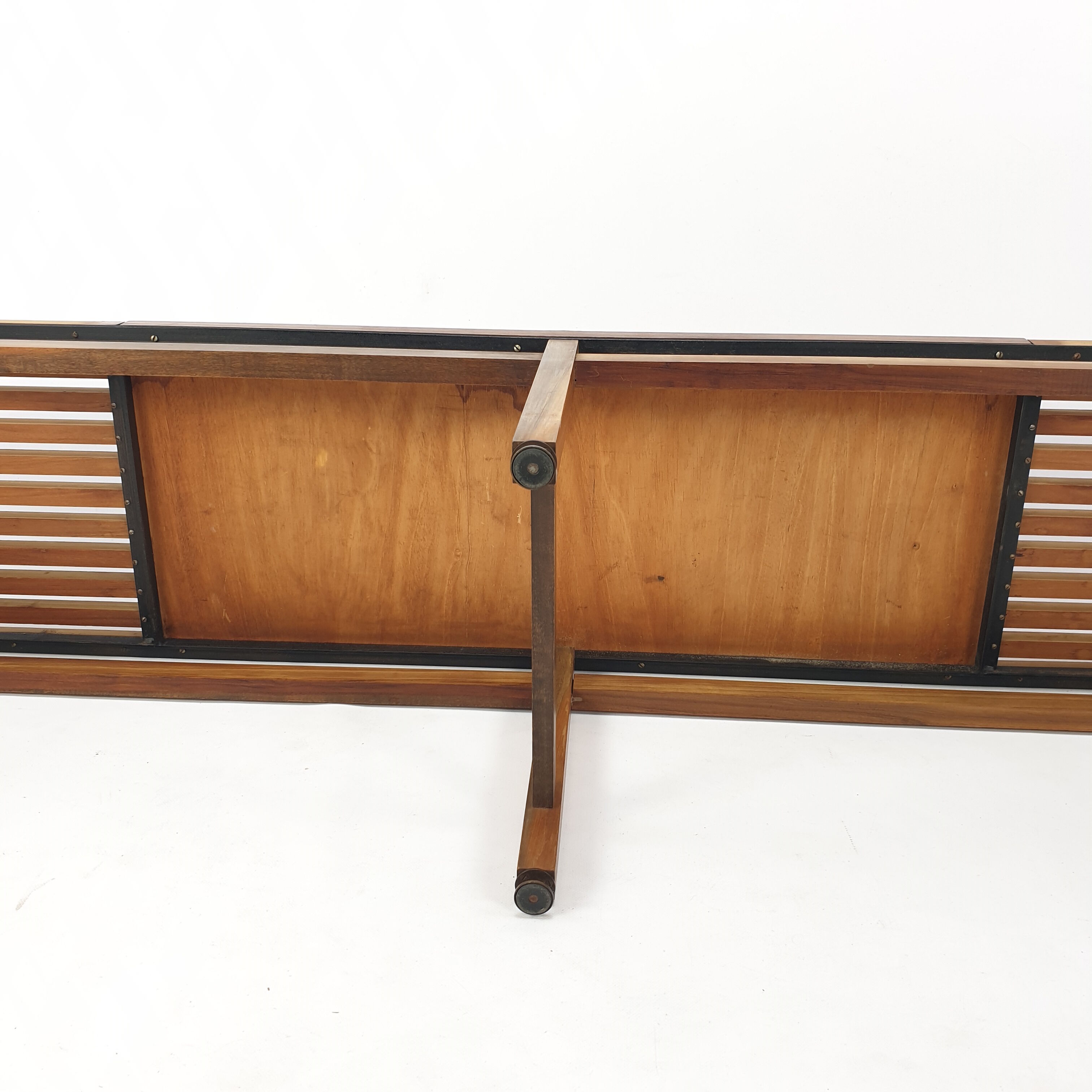 Bench in walnut and teak with brass feet, italy 1950s