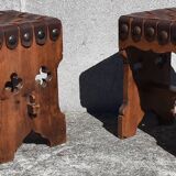 Pair of brutalist stools, leather seat.