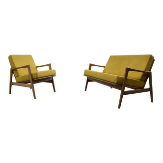 Scandinavian living room Set of 2-seater sofa with armchair, yellow, natural wood