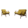 Scandinavian living room Set of 2-seater sofa with armchair, yellow, natural wood