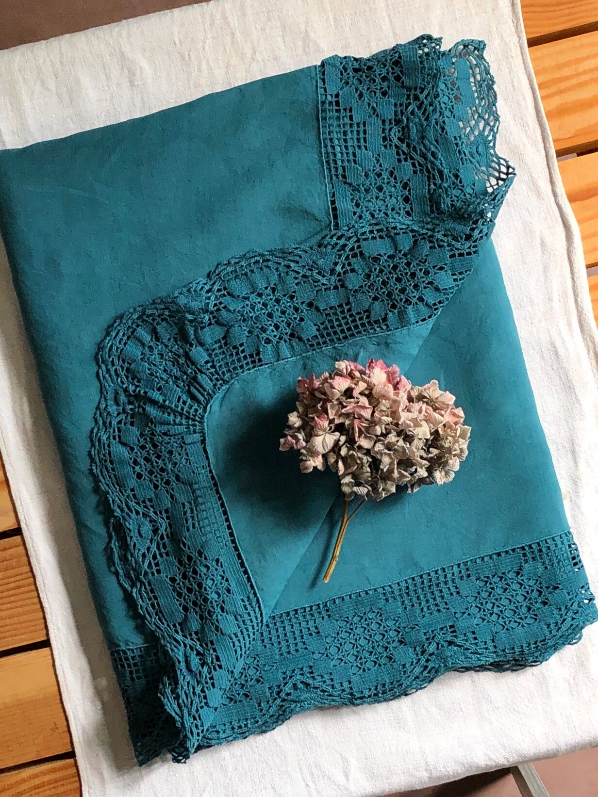 Old sheet in pure emerald green washed linen