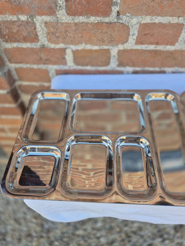 Pair of flat stainless steel serving trays
