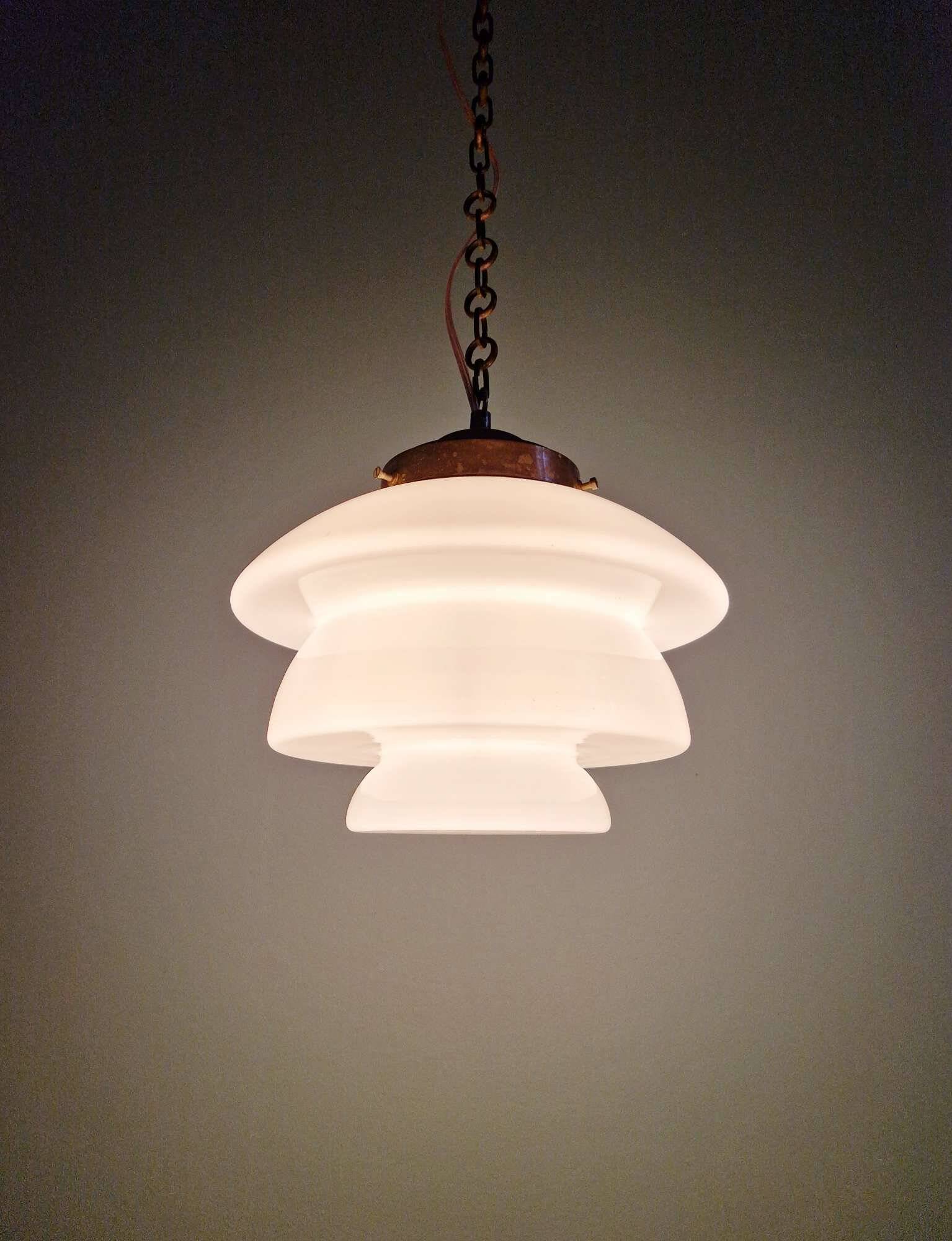 Art Deco pendant light in white opaline and copper frame, 1920s-30s