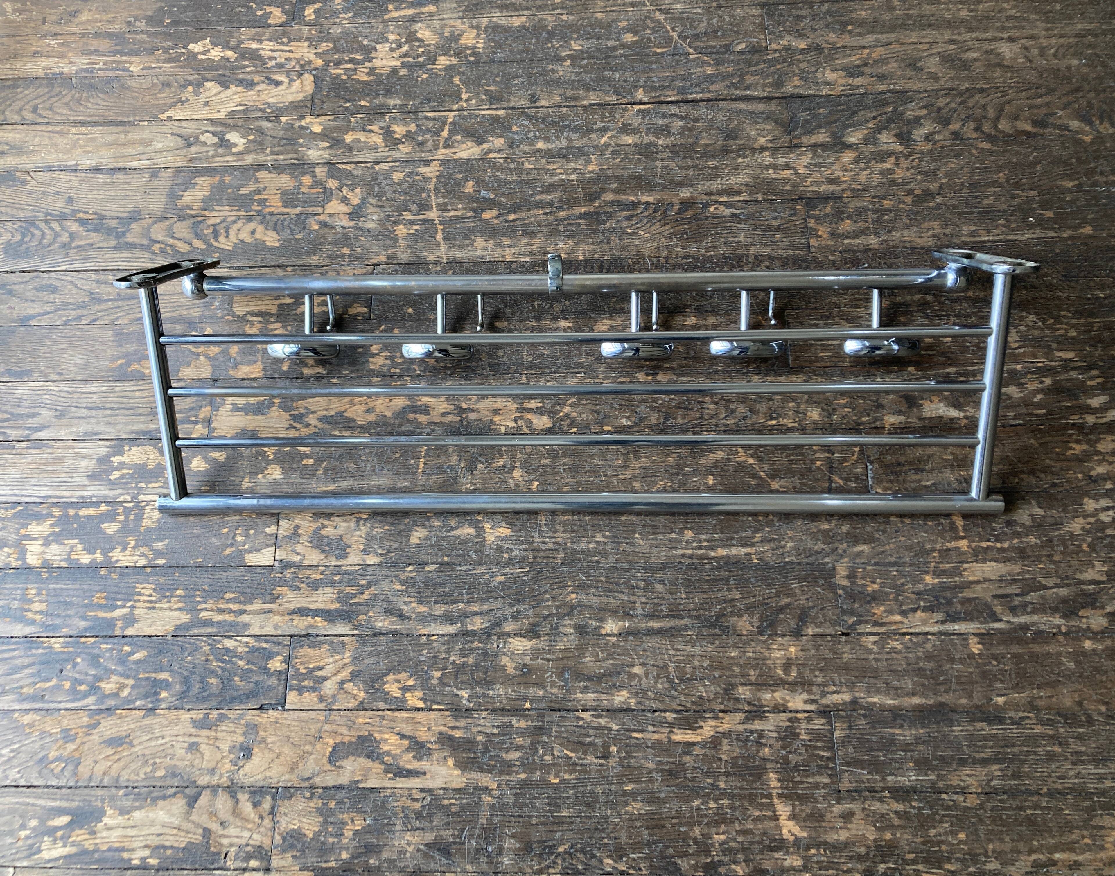 1950s chrome bathroom coat rack with shelf
