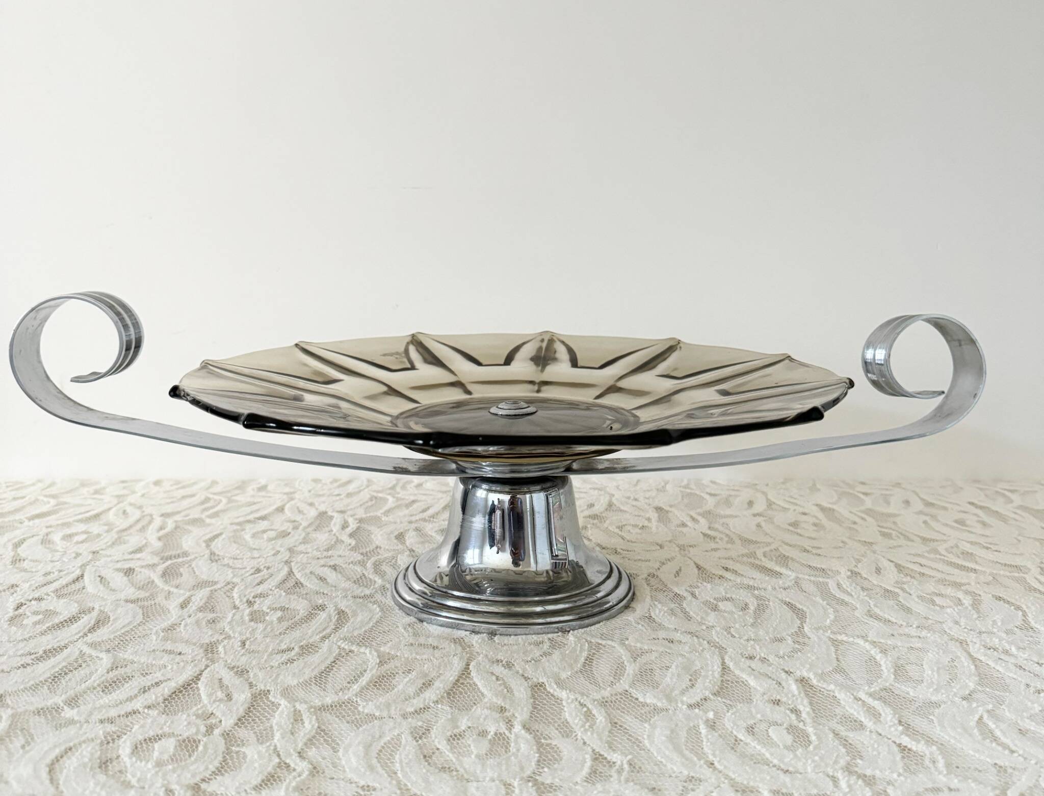 Art Deco smoked glass and aluminum bowl – France, 1935–50s