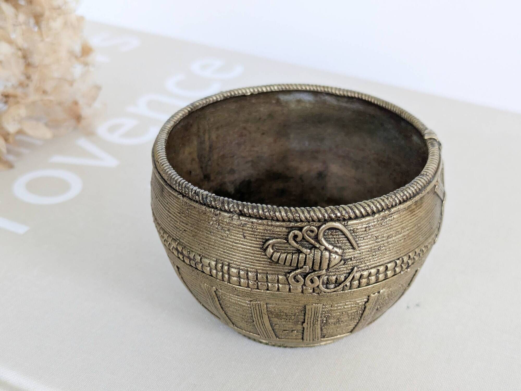 Vintage Brass Bowl Fish Scorpion Woven Texture
