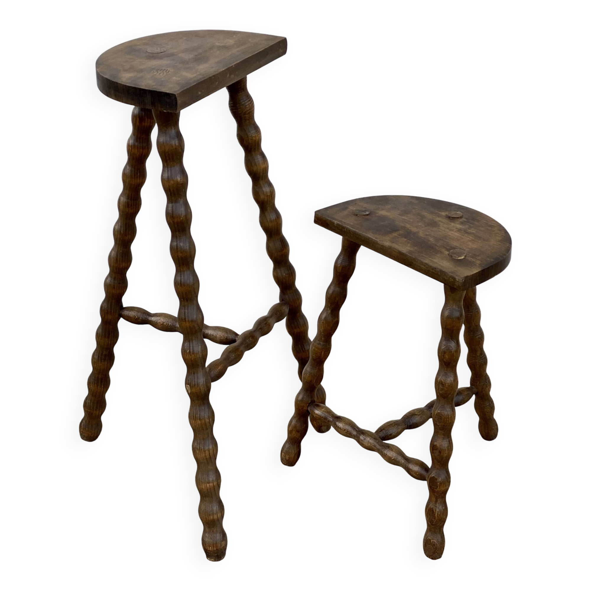 Set of 2 tripod stools with turned legs, vintage plant holder, 1960s